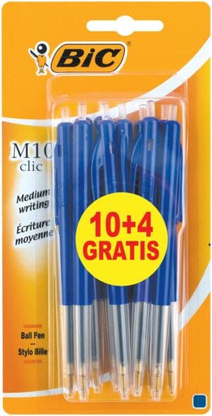 Blister met Bic M10 Clic balpennen in blauw, medium punt, 10 stuks plus 4 gratis
