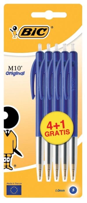 Blister met vijf Bic M10 Clic balpennen in blauw met medium punt