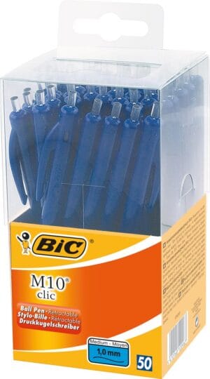 Doos met 50 blauwe Bic M10 Clic balpennen met intrekbare punt