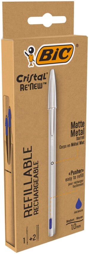 Bic Cristal Re-new balpen met zilverkleurig lichaam en blauwe inkt