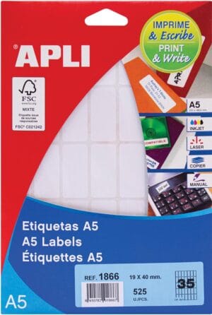 Etui Apli Print & Write met witte etiketten van 19 x 40 mm, 525 stuks op 15 vellen