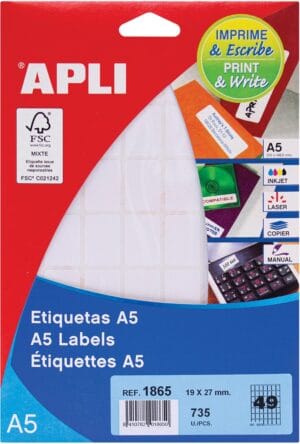 Apli witte etiketten Print & Write ft 19 x 27 mm (b x h), 735 stuks, 49 per blad (1865) — multifunctionele etiketten