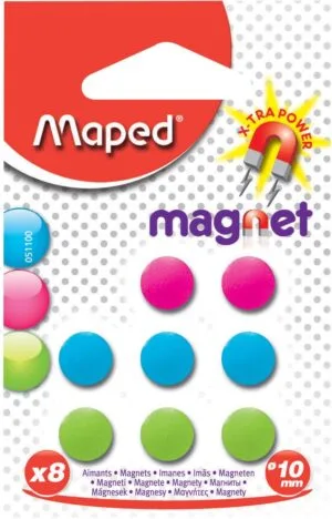 Blister met acht Maped Office magneten van 10 mm in blauw, groen en roze