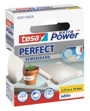 Rol tesa extra Power Perfect textieltape van 19 mm breed in de kleur wit