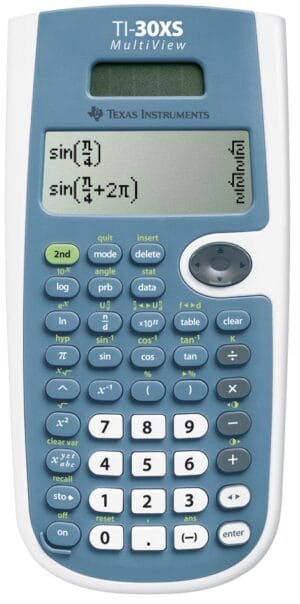 Blauwe Texas Instruments TI-30XS Multiview wetenschappelijke rekenmachine met 4-regelig display