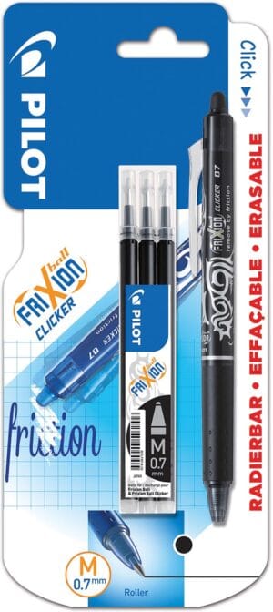 Pilot Frixion Ball Clicker gelroller zwart met drie vullingen in blisterverpakking