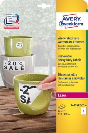 Doos Avery Zweckform afneembare weerbestendige etiketten 99,1 x 139 mm op A4-vellen