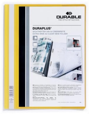 Gele Durable Duraplus snelhechtmap A4 met transparant voorblad en etiketvenster