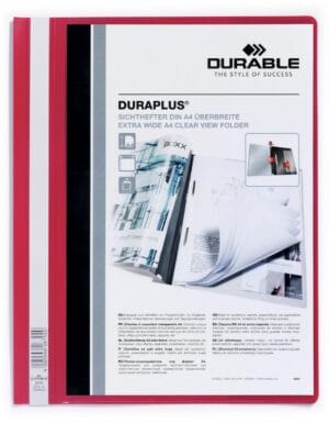 Rode Durable Duraplus snelhechtmap A4 met transparant voorblad en etiketvenster