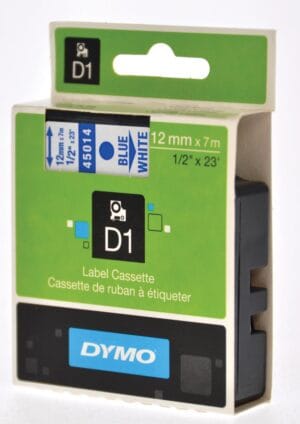 Dymo D1 tape 12 mm in blauw op wit, cassette van 7 meter