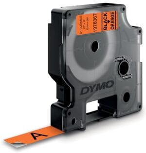 Dymo D1 duurzame labeltape van 12 mm in zwart op oranje