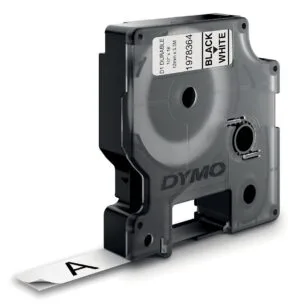 Rol Dymo D1 duurzame tape van 12 mm met zwarte opdruk op witte achtergrond