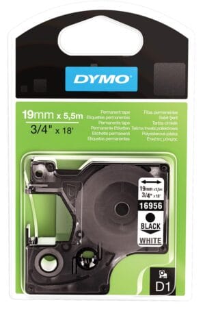 Dymo D1 permanente polyestertape 19 mm zwart op wit, cassette van 5,5 m