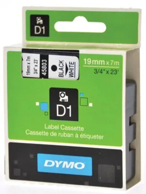 Dymo D1 tape van 19 mm breed, zwart op wit, in cassette van 7 meter
