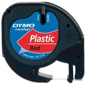 Rode Dymo LetraTAG tape van 12 mm breed in plastic behuizing