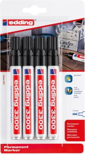 Blister met vier zwarte edding 3300 permanente markers met schuine punt