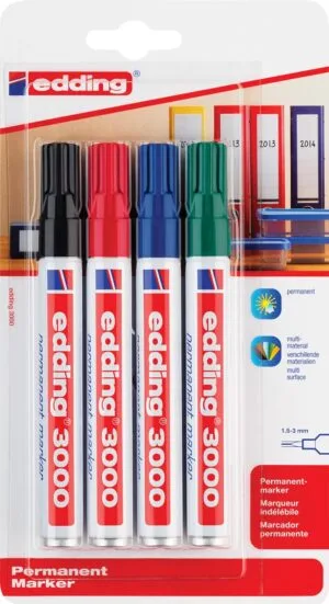 Edding permanent marker 3000, blister van 4 stuks in geassorteerde kleuren