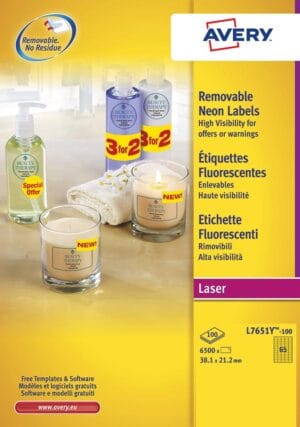 Avery afneembare neon etiketten ft 38,1 x 21,2 mm (b x h), doos van 100 blad, 6500 stuks, neongeel — laseretiket