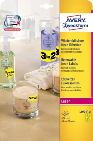 Avery afneembare neon etiketten ft 63,5 x 29,6 mm (b x h), doos van 675 stuks (25 vel van 27), neongeel — laseretiket