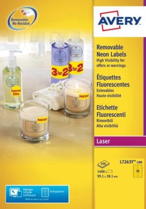 Avery afneembare neon etiketten ft 99,1 x 38,1 mm (b x h), doos van 100 blad, 1400 stuks, neongeel — laseretiket