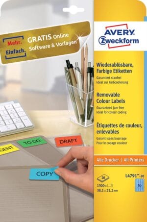 Avery gekleurde etiketten ft 38,1 x 21,2 mm (b x h), afneembaar, blauw, 1300 stuks, 65 per blad