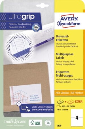 Doos Avery Zweckform 6120 universele etiketten van 105 x 148 mm, 25 plus 5 vel