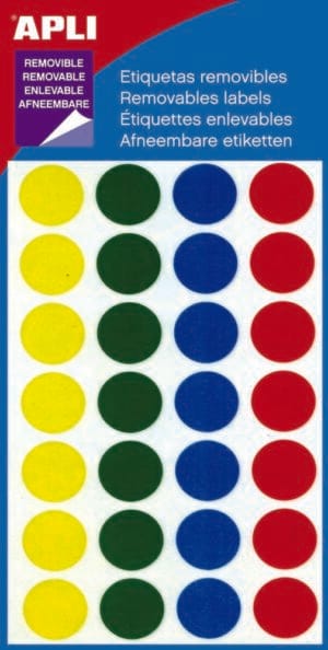 Etui Apli met verwijderbare ronde etiketten van 15 mm in assortiment kleuren