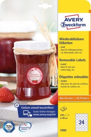 Avery Zweckform ronde etiketten, diameter 40 mm, wit, afneembaar, 240 etiketten, 10 vellen — etiketten voor commerciële doeleinden