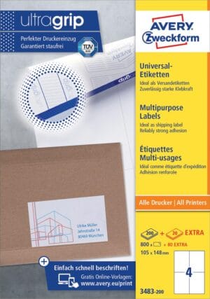 Doos Avery Zweckform 3483-2 universele etiketten van 105 x 148 mm met 200 vellen