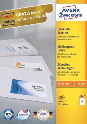 Doos Avery Zweckform 3477 universele etiketten A4 met 100 vellen van 105 x 41 mm