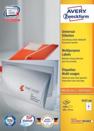 Doos Avery Zweckform 3427 Ultragrip etiketten, wit, 105 × 74 mm, 8 per vel
