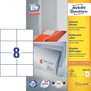 Avery Zweckform 3427 Ultragrip etiketten wit - 105 × 74 mm, 8 per vel, doos van 200 vel — productfoto 2
