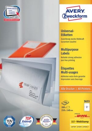 Doos Avery Zweckform 3655 universele witte etiketten van 210 x 148 mm