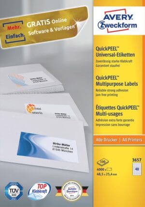 Doos Avery Zweckform 3657 universele etiketten met 100 vellen van 40 witte etiketten