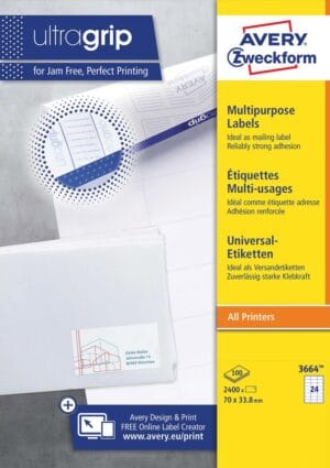 Doos Avery Zweckform 3664 universele etiketten van 70 × 33,8 mm, 100 vellen