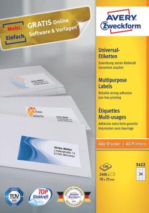 Doos Avery Zweckform 3422 Ultragrip etiketten van 70 x 35 mm, 100 vellen