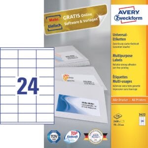 Avery Zweckform 3422 Ultragrip universele etiketten - 70 × 35 mm, 24 per vel, doos van 100 vel — productfoto 2