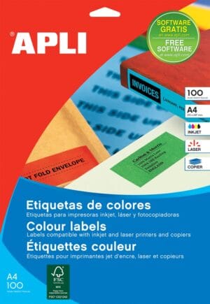 Doos Apli gekleurde etiketten A4 in geel, 210 × 297 mm, 100 stuks