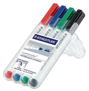 Opstelbare box Staedtler Lumocolor Compact whiteboardmarkers in blauw, rood, groen en zwart