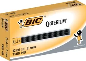 Etui met zes Bic Criterium potloodstiften van 2 mm, hardheid HB
