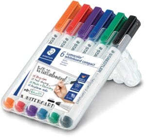 Opstelbare box met zes Staedtler Lumocolor Compact whiteboardmarkers in geassorteerde kleuren