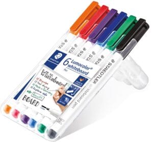 Opstelbare box met zes Staedtler Lumocolor whiteboardmarkers in oranje, rood, paars, blauw, groen en zwart