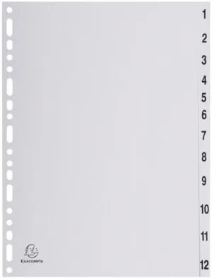 Exacompta numerieke tabbladen A4 in grijs PP met 12 tabs en zwarte bedrukking