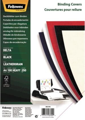 Pak Fellowes bindomslagen A4 van zwart karton met lederlook, 250 micron, 100 stuks