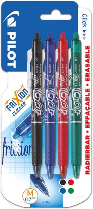 Pilot intrekbare roller FriXion Ball Clicker, medium punt, 0,7 mm, blister met 4 stuks — gelroller