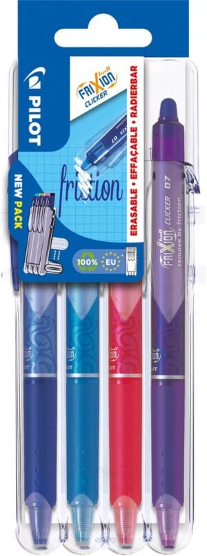Blister met vier Pilot FriXion Ball Clicker 2 Go rollers in roze, violet, lichtblauw en blauw