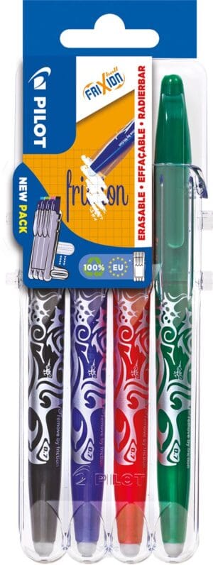 Blister met vier Pilot Frixion Ball rollers in zwart, blauw, rood en groen
