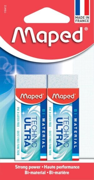 Blister met twee witte Maped Technic Ultra Classic gummen met houder