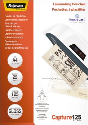 Pak Fellowes Capture125 lamineerhoezen A4 van 250 micron, glanzend, 25 stuks