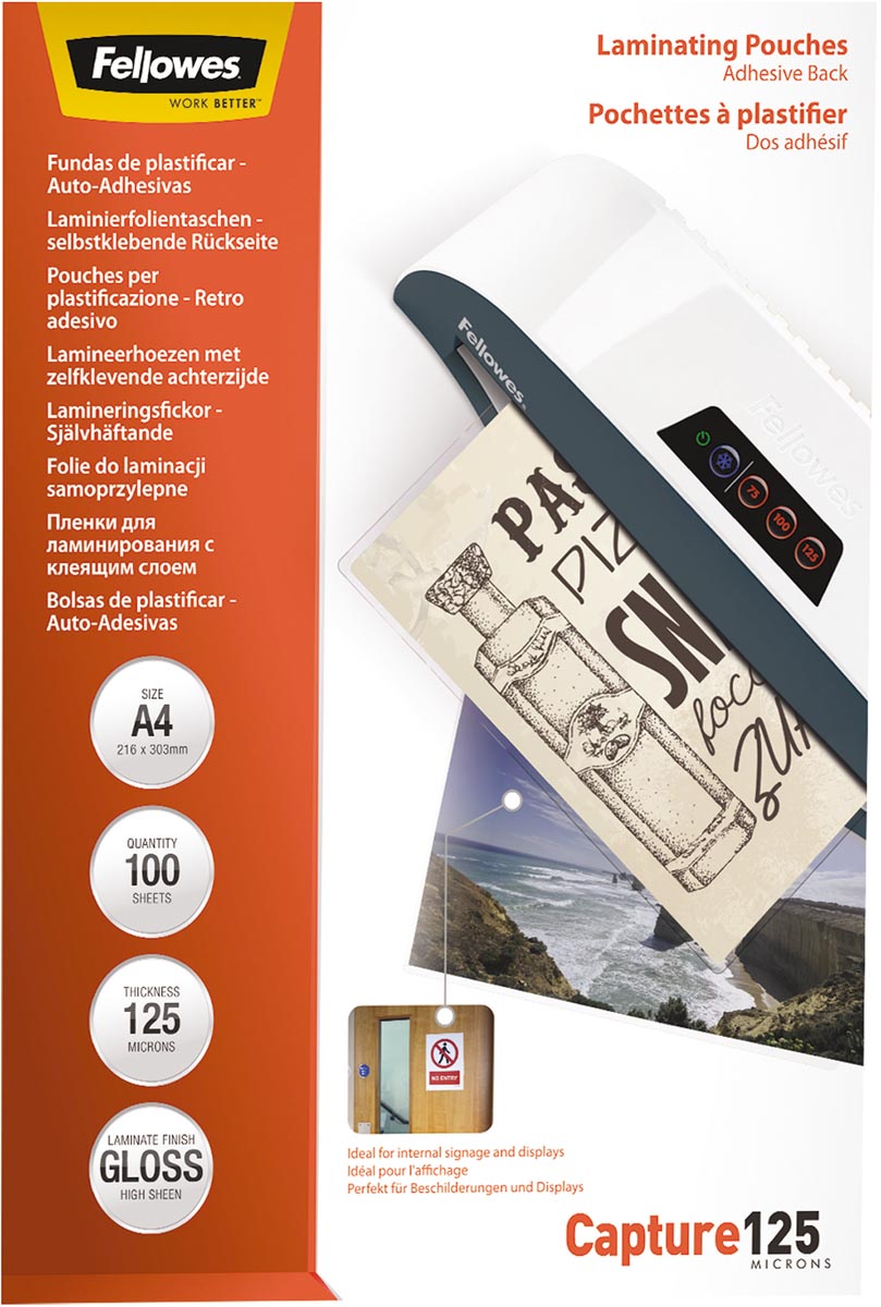 Fellowes lamineerhoes ft A4, 250 (2 x 125 micron), pak van 100 stuks, zelfklevend | Portaal Check